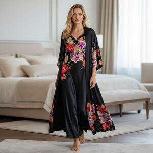 Natori Black Floral Satin Robe and Chemise Set Size L